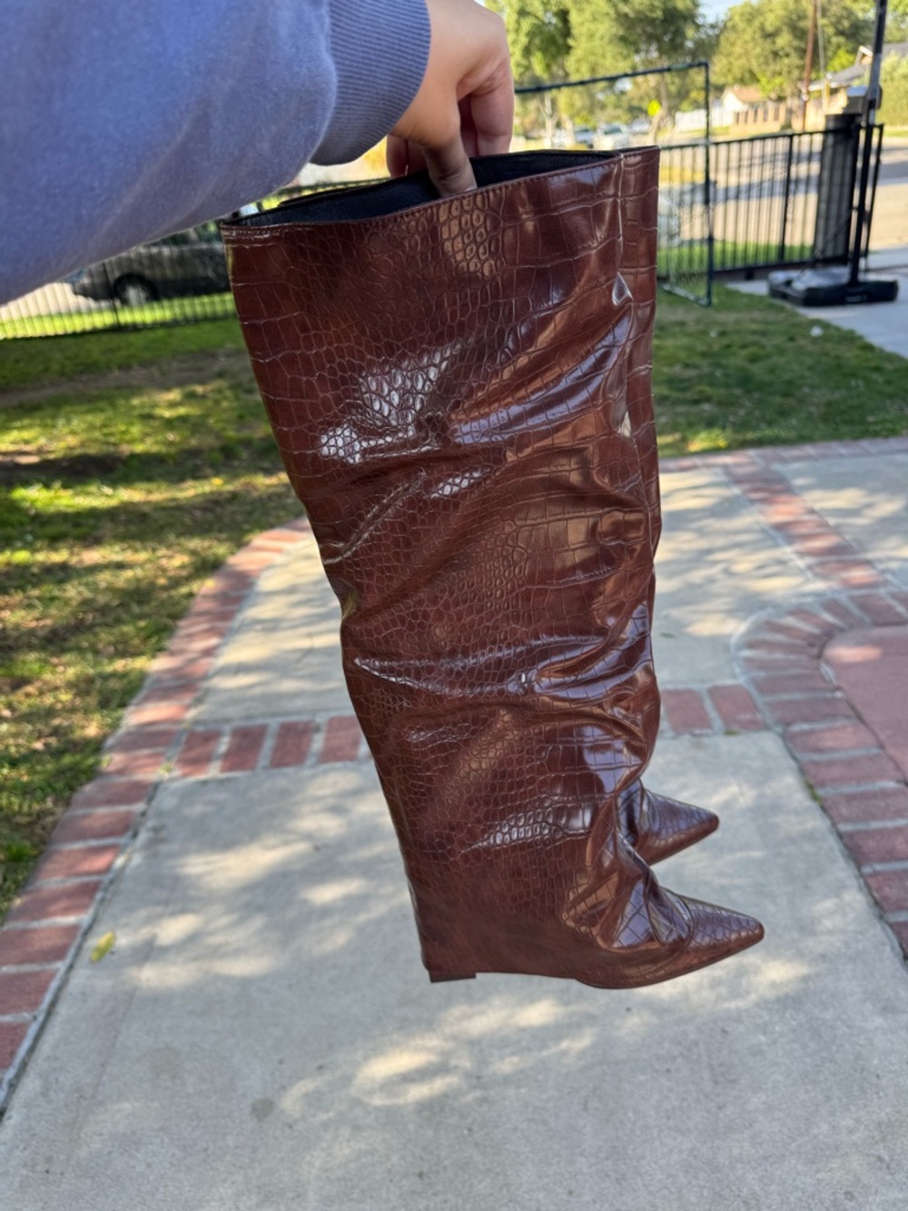 Brown Croc-Embossed Knee High Women's Boot